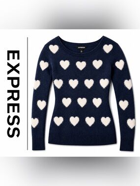Express Navy and White Heart Sweater